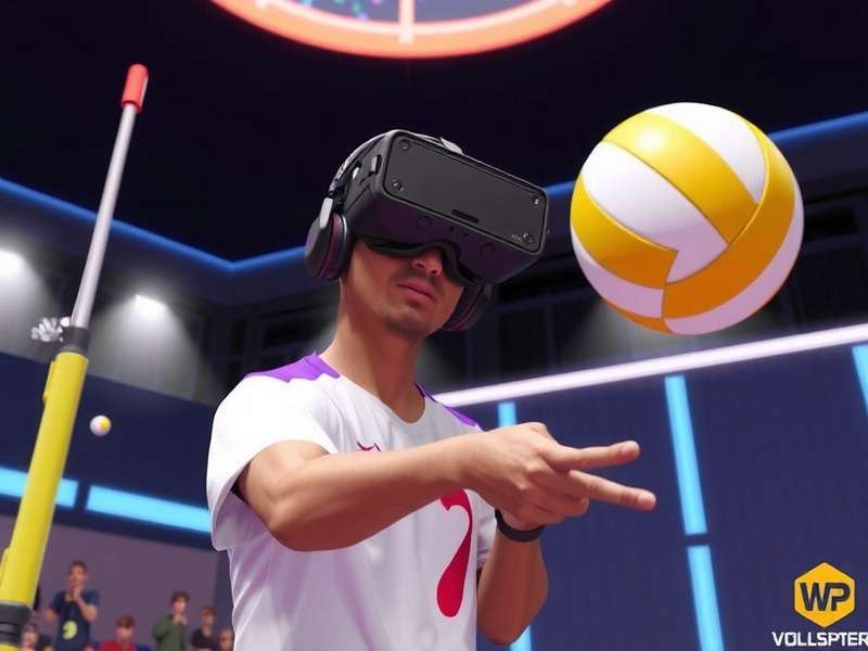 Volley Prime Rulers VR Mode - Concept art showing a player in VR headset spiking a virtual volleyball